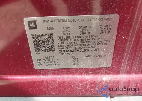 2020 Chevrolet Equinox Fwd 2Fl from USA, damaged, VIN 2GNAXJEV2L6267587